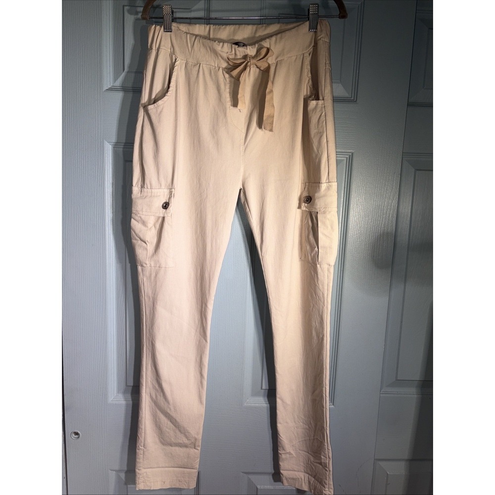 Tina Stephens Cargo Khaki Pull On Draw String Pants Made In Italy. Sz Small